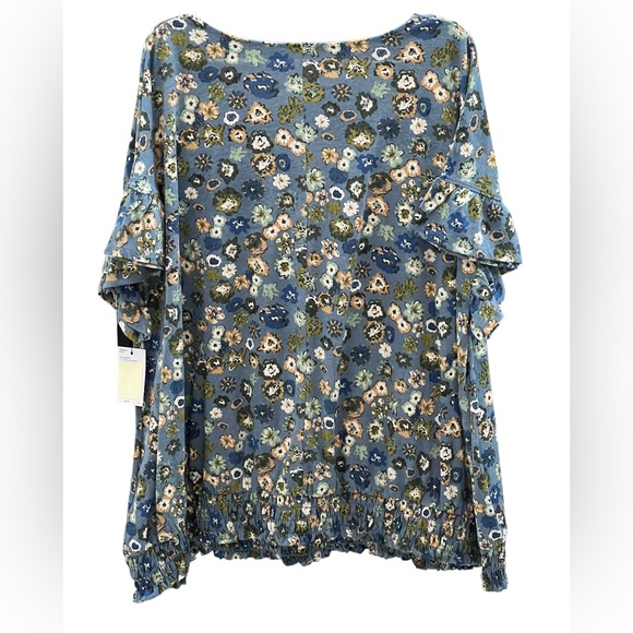 Sonoma women plus-Sonoma women plus-blue green floral short sleeve w/ruffle top - Picture 2 of 6